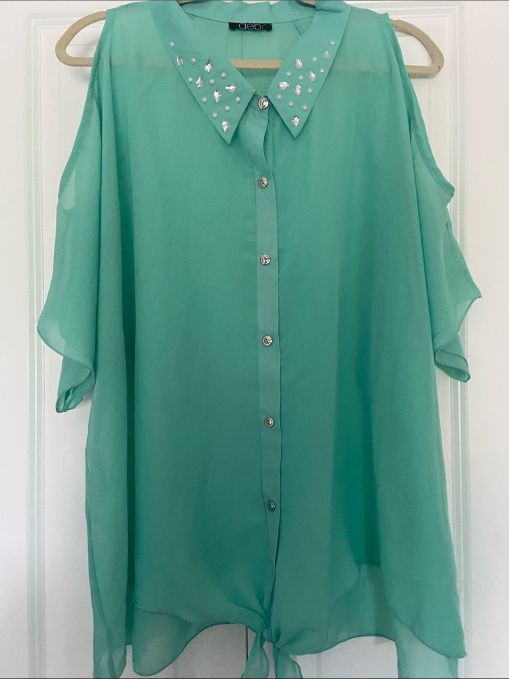 DEB MINT EMBELLISHED COLLAR BUTTON FRONT COLD SHOULDER TIE FRONT CHIFFON BLOUSE